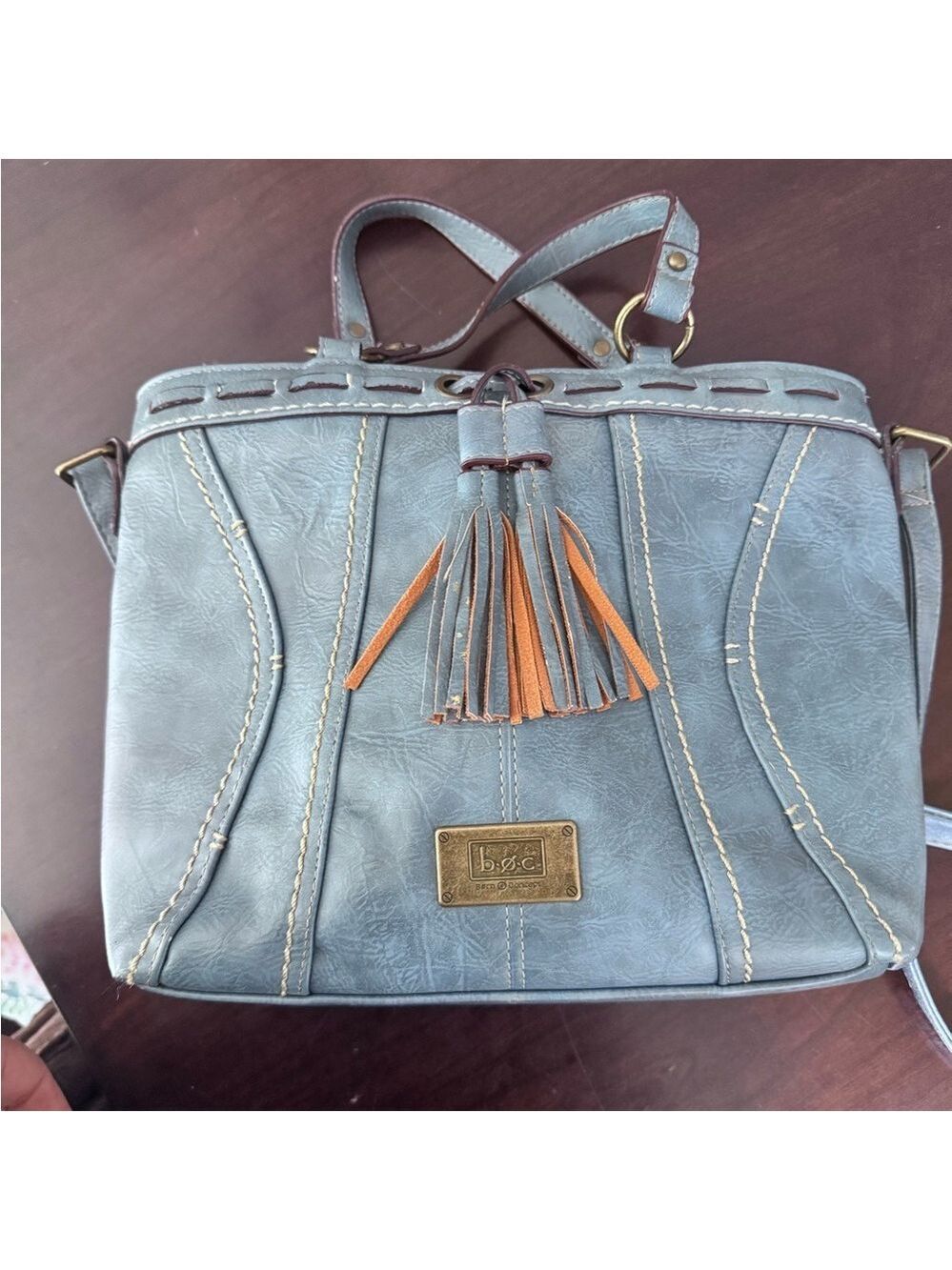 B.O.C. Born Concept Blue & Tan Faux Leather Crossbody Bag with Top Handle